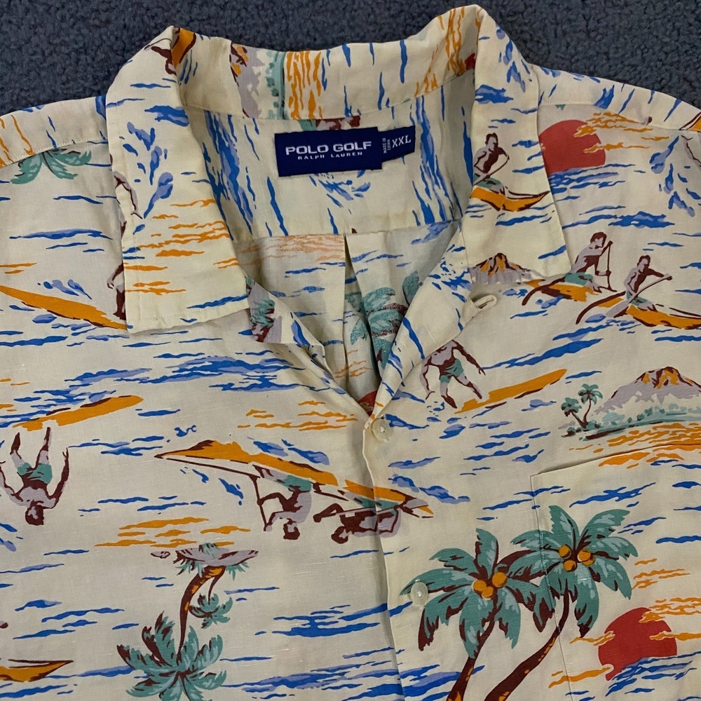 Polo Sport Ralph Lauren Shirt Mens 2XL Hawaiian Linen Silk Camp Loop Collar Surf